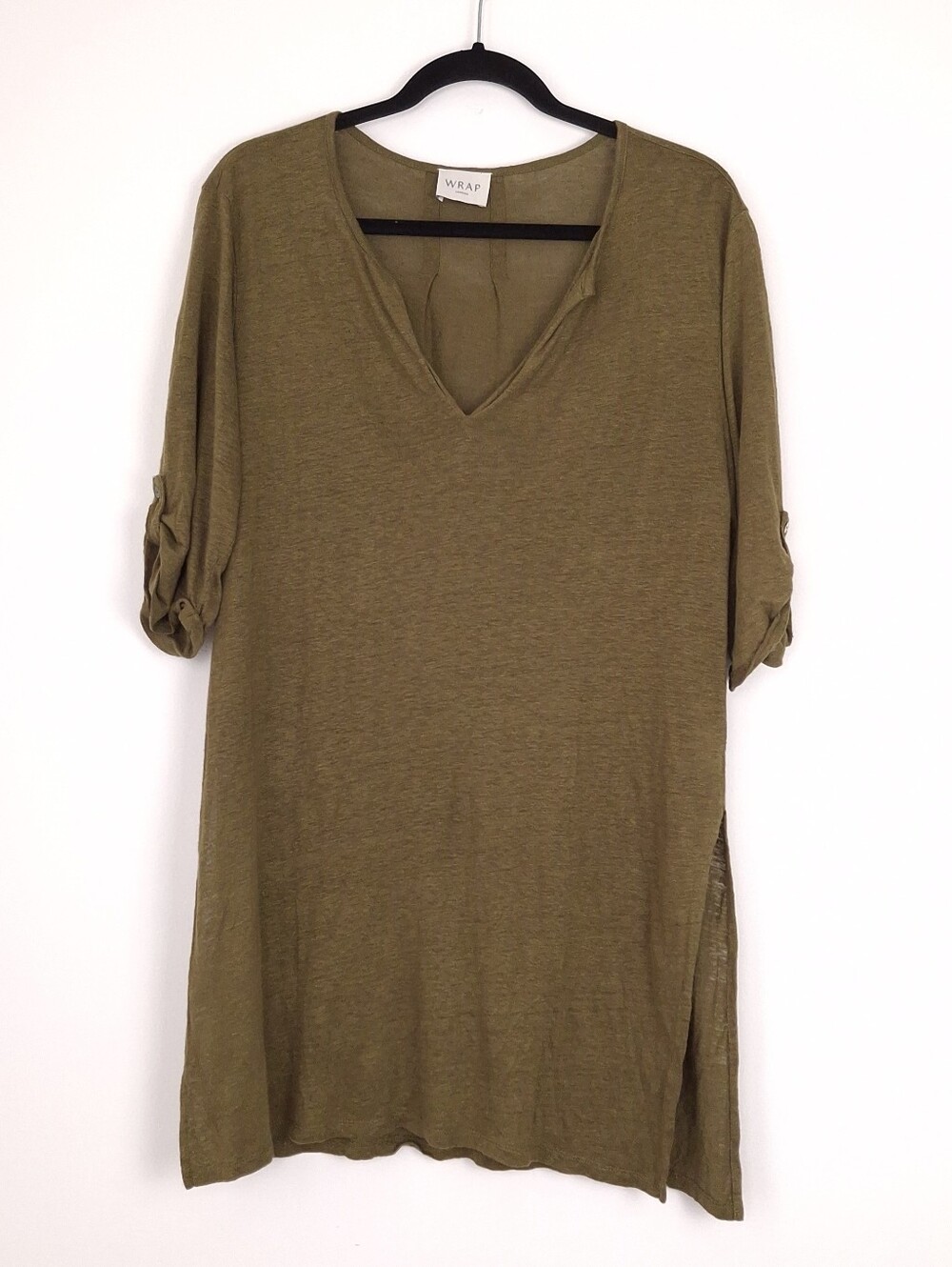 Wrap London linen slub jersey tunic top coastal beach Lagenlook long olive green